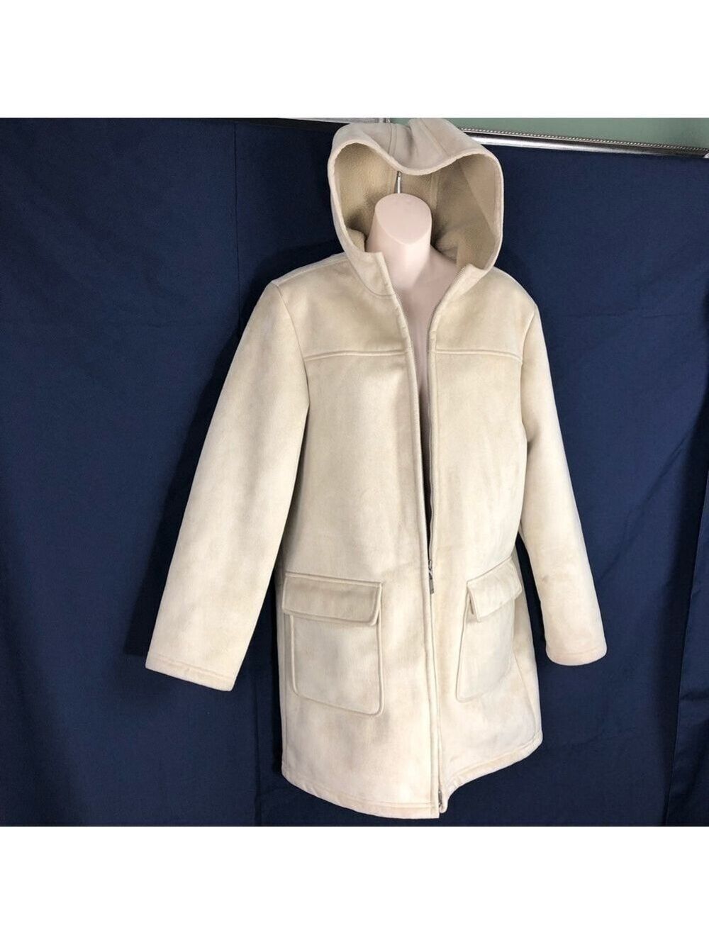 Euc- Vintage IZOD Suede Full Fur Lined Hooded Coat